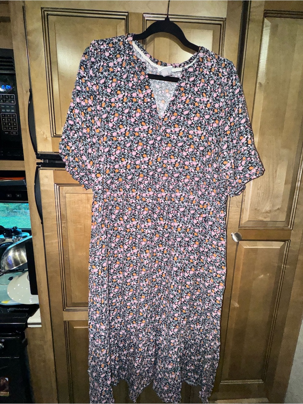 Knox Rose Floral V-Neck Midi Dress in Black with Pink & Orange Accents